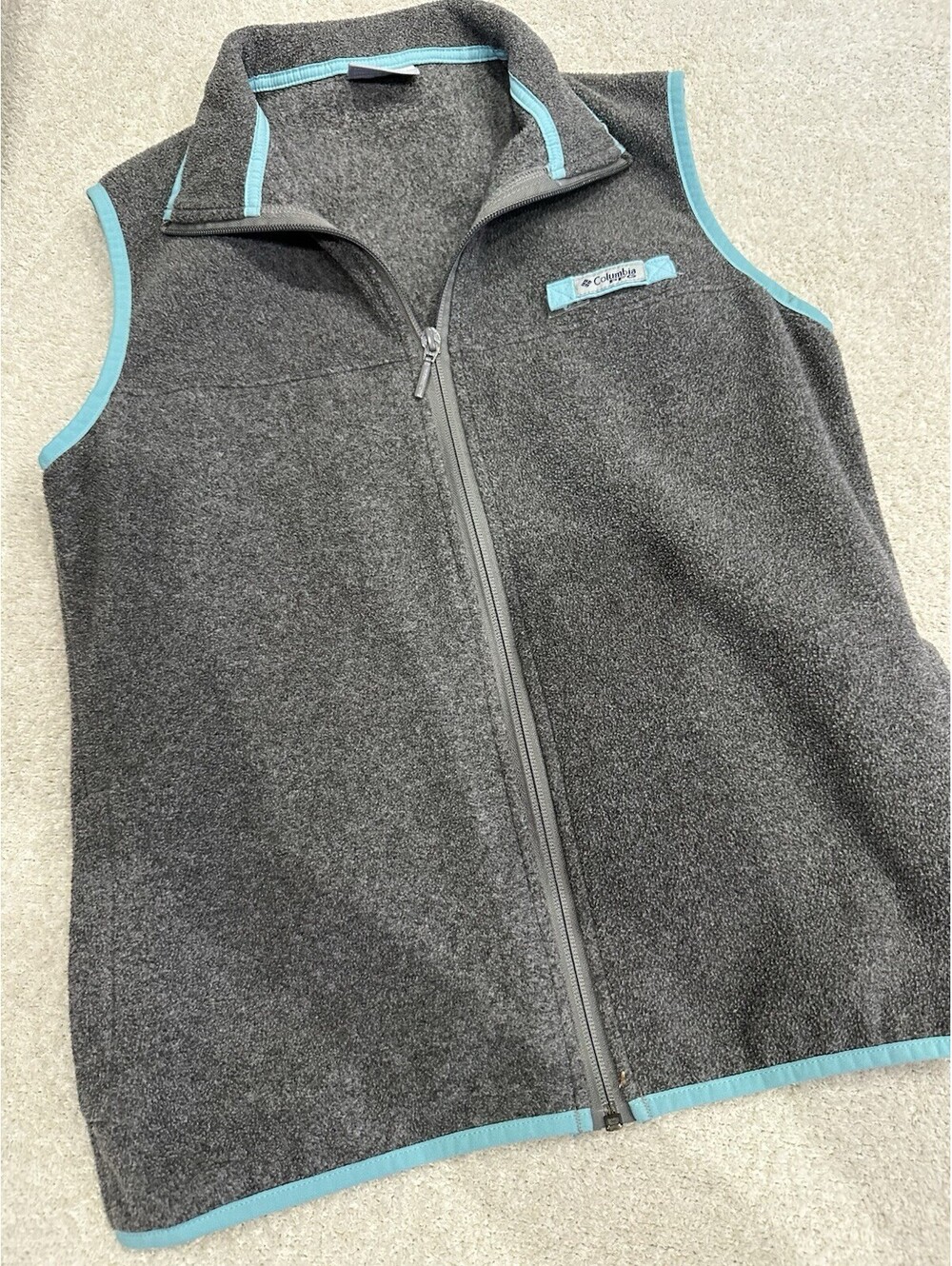 Columbia S Gray/Blue Full Zip Fleece Vest Stand-Up Collar Logo